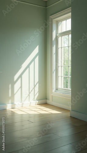 Wallpaper Mural An empty room bathed in sunlight, casting soft shadows on the wooden floor, symbolizing serenity, simplicity, and a new beginning. The image highlights minimalist design and peaceful ambiance. Torontodigital.ca