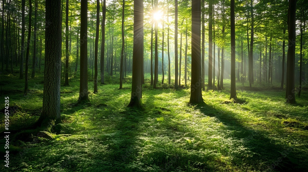 Obraz premium Serene Sunlit Forest with Lush Green Undergrowth - Woodland Landscape 