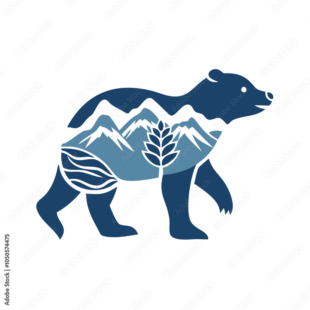 Obraz premium Stylized bear silhouette with mountain and plant design elements 