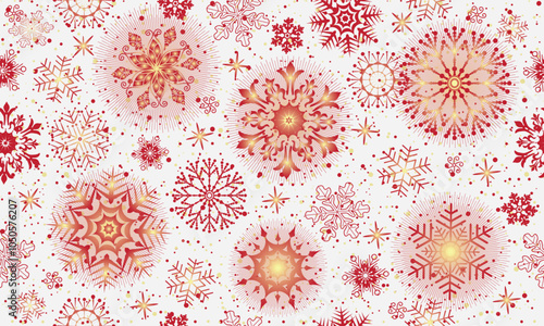 Vector seamless Christmas hand drown pattern with gradient snowflakes and stars on white