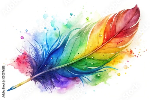 watercolor painting of a rainbow feather with splashes