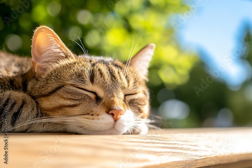 A relaxed cat enjoying the warm sunlight on a wooden bench under a clear blue sky photo