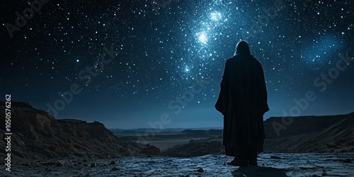 Abraham Counts the Stars on the Steppes: Abraham stands on the steppes, looking up at the sky and counting the stars, Generative AI