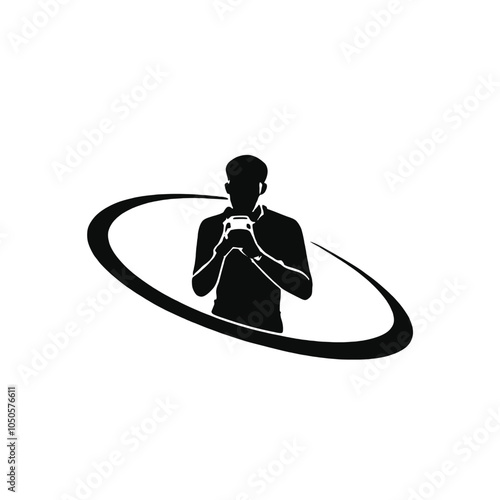 A black silhouette of a young man with short dark hair wearing a camera and taking a photo,