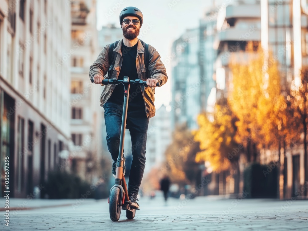 Obraz premium Winter scene with a person on an electric scooter, snow-covered streets, sunset in the background, showcasing modern urban lifestyle, outdoor city environment.