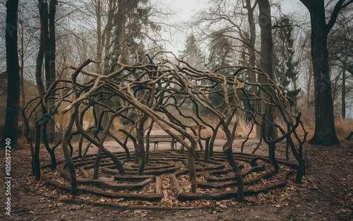 Twisted Wooden Maze Structure in the Forest, Generative AI