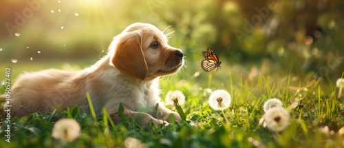 A curious puppy, possibly a Cocker Spaniel or a mix, fixates on a colorful butterfly perched on a fuzzy dandelion seed head. photo