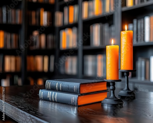 Halloweenthemed library with dark wood shelving, gothic candelabras, and velvetcovered books, elegant Halloween library, sophisticated spooky study photo