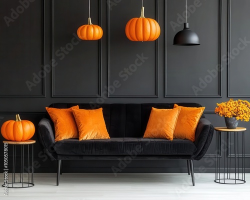 Halloweeninspired living room with minimalist black and orange accents, velvet furnishings, and gold details, elegant Halloween living room, stylish spooky design photo