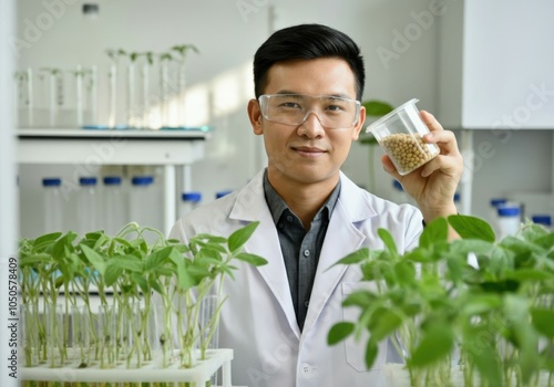 Scientist holding soybeans and observing genetically modified plants in laboratory photo