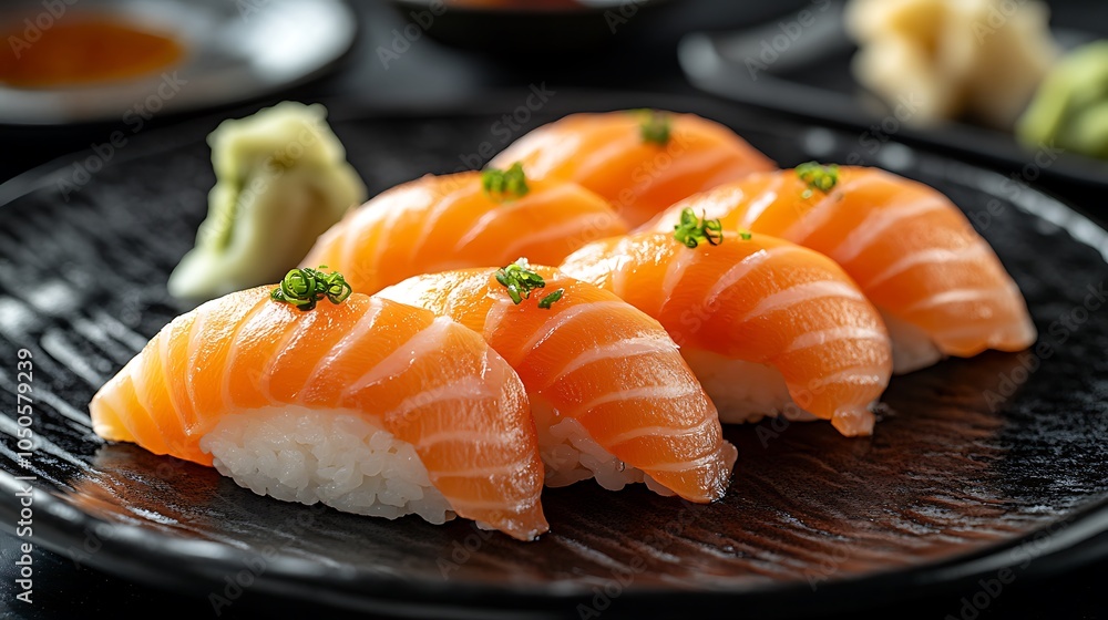 A beautifully arranged presentation of salmon nigiri on a dark, glossy plate, garnished with fresh wasabi and ginger, reflections on the surface highlighting the freshness of the fish, soft lighting,