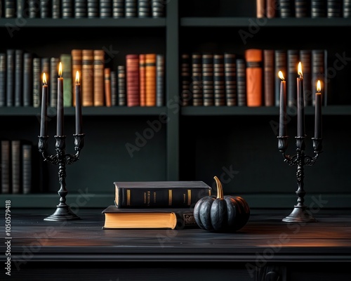 Halloweenthemed library with dark wood shelving, gothic candelabras, and velvetcovered books, elegant Halloween library, sophisticated spooky study photo