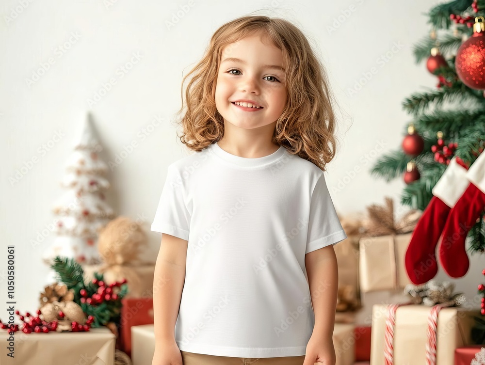 Child in blank t-shirt standing near festive decor, minimal Christmas details, soft lighting, ideal for t-shirt mockup with holiday theme Child in blank t-shirt standing near festive decor, minimal Christmas details, soft lighting, ideal for t-shirt mockup with holiday theme