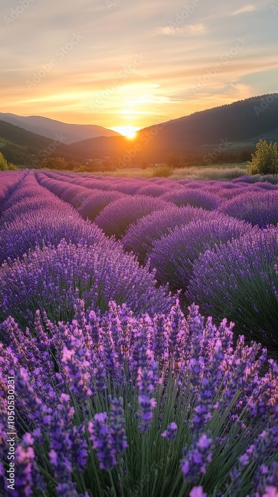 Obraz premium Lavender Fields at Sunset: Serene Purple Blooms Spread Across the Landscape, Generative AI