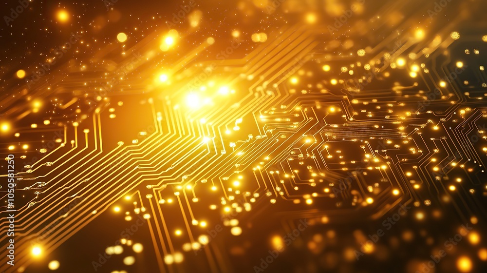 Golden Circuit Board Glowing With Data Golden Circuit Board Glowing With Data