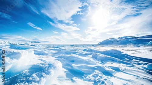 A stunning view of the Arctic Ice Cap with expansive ice fields and a bright, clear sky, polar setting with pristine clarity