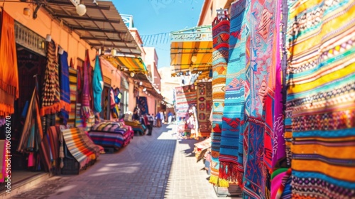 A stunning view of the bustling market streets and colorful architecture of Marrakech with traditional souks and vibrant textiles under bright sunlight, urban setting with vivid colors photo