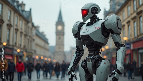 Futuristic security robot with red visor patrolling city square