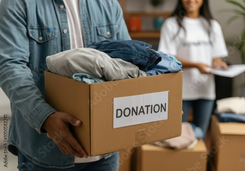 Volunteer holding a donation box full of used clothes for a charity organization photo