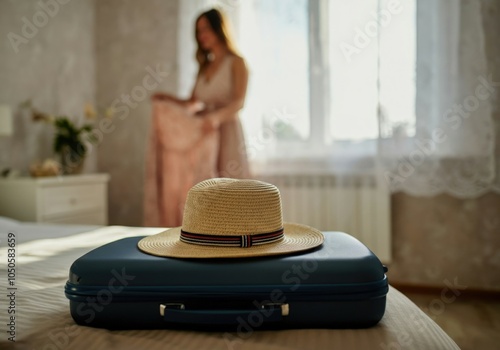 Suitcase packed and ready for summer vacation with a straw hat resting on top while a woman chooses her clothes photo