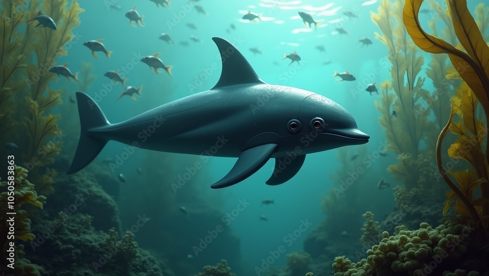 Robotic dolphin exploring kelp forest with fish Robotic dolphin exploring kelp forest with fish