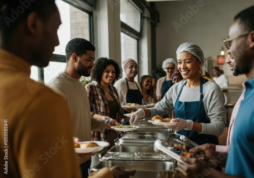 Volunteers are serving a warm meal to homeless people inside a soup kitchen photo