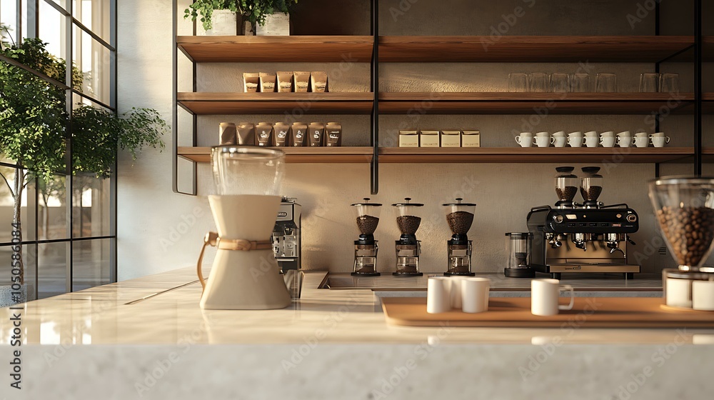 A trendy coffee bar with a polished countertop, beautifully crafted pour-over tools, and artisanal cups surrounded by aromatic coffee beans A trendy coffee bar with a polished countertop, beautifully crafted pour-over tools, and artisanal cups surrounded by aromatic coffee beans