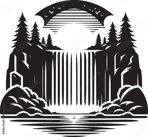 Beautiful waterfall silhouette vector illustration isolated on a white background
