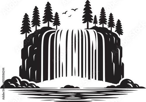 Beautiful waterfall silhouette vector illustration isolated on a white background