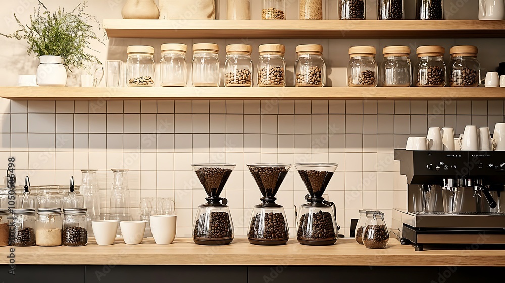 A well-organized coffee bar featuring elegant pour-over equipment, beautifully designed ceramic cups, and an assortment of coffee beans in jars A well-organized coffee bar featuring elegant pour-over equipment, beautifully designed ceramic cups, and an assortment of coffee beans in jars