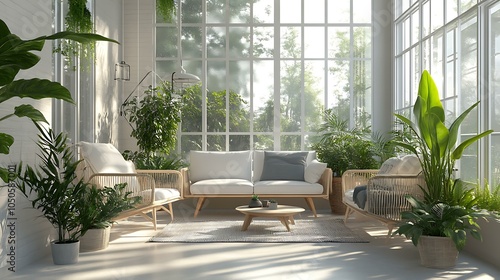 A bright sunroom showcasing minimalist furniture, a voice-activated system for managing natural light, and lush greenery for a modern feel