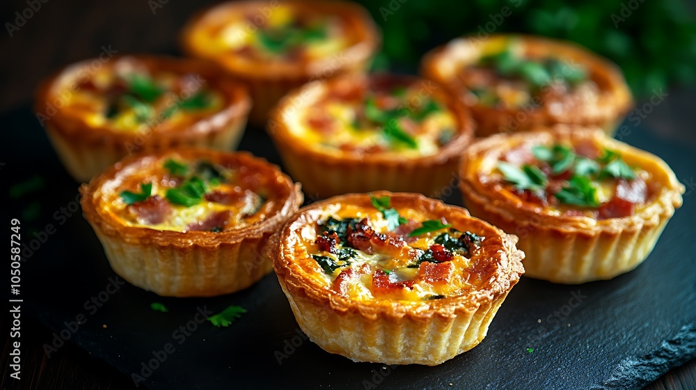 A close-up of mini quiches filled with bacon, cheese, and spinach, garnished with fresh parsley, placed on a black slate plate, A close-up of mini quiches filled with bacon, cheese, and spinach, garnished with fresh parsley, placed on a black slate plate,