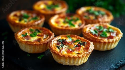 A close-up of mini quiches filled with bacon, cheese, and spinach, garnished with fresh parsley, placed on a black slate plate,