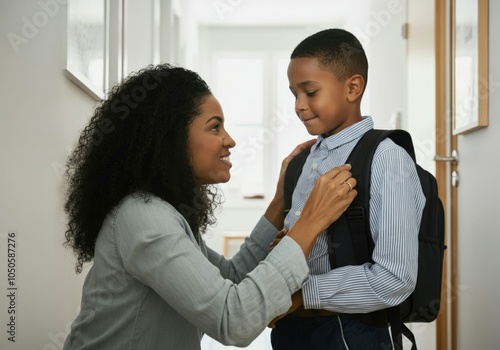 Mother helping her son getting ready for school, adjusting his backpack in the hallway at home photo