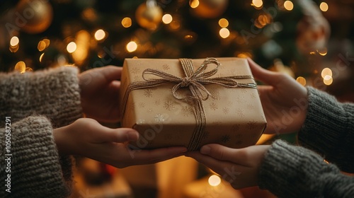 Foto A Heartwarming Gift Exchange Under Twinkling Christmas Lights of Joy and Anticip