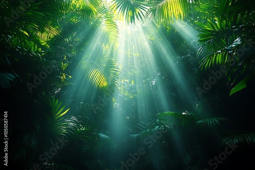 Photo of sun rays passing through the lush green palm tree leavest, background photo