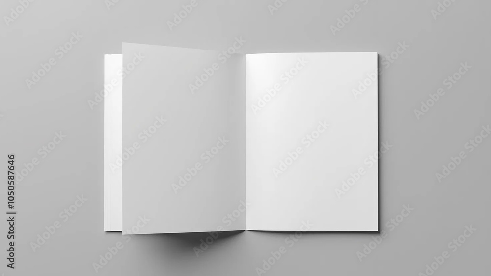 Open and closed blank brochures on grey background, top view. Mock up for design, 16:9 widescreen, 300 dpi, with free space for text Open and closed blank brochures on grey background, top view. Mock up for design, 16:9 widescreen, 300 dpi, with free space for text