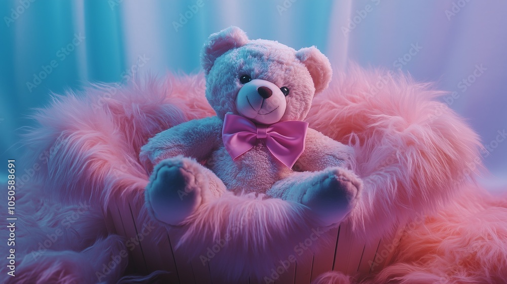 Pastel teddy bear with pink bow in a fluffy blanket in a wooden basket