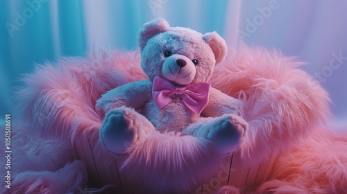 Obraz na płótnie Pastel teddy bear with pink bow in a fluffy blanket in a wooden basket w salonie