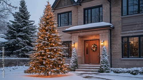 Enchanting Scene of a Snowy Winter Home Adorned with a Glowing Christmas Tree