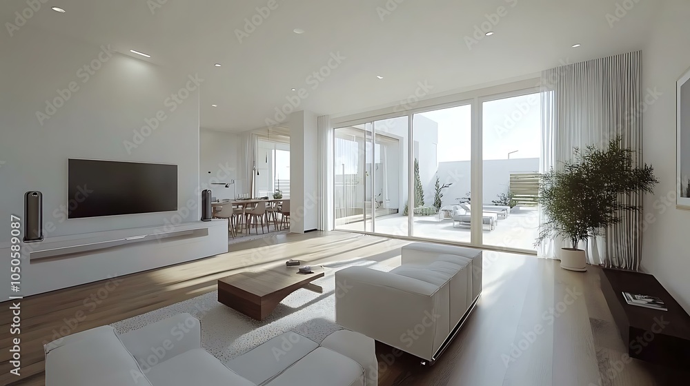 A stylish family room with a minimalist layout, featuring voice-activated devices, sleek furniture, and large windows for natural light A stylish family room with a minimalist layout, featuring voice-activated devices, sleek furniture, and large windows for natural light
