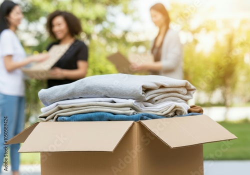 Volunteers are putting used clothes in donation box for charity, outdoors