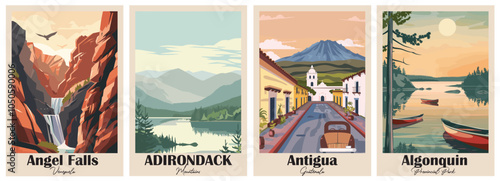 Set of Vintage Travel Posters, National Park Art Prints Nature Wall Art and Mountain Print Set Abstract Travel for Hikers Campers Living Room Decor. Vector illustration colorful