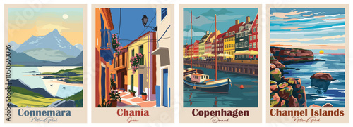 Set of Vintage Travel Posters, National Park Art Prints Nature Wall Art and Mountain Print Set Abstract Travel for Hikers Campers Living Room Decor. Vector illustration colorful