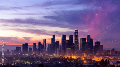 Majestic Los Angeles Skyline at Twilight: A Stunning View of Iconic Skyscrapers Bathed in Warm Lights Under a Colorful Sky, Capturing the Vibrancy of City Life