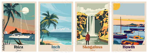 Set of Vintage Travel Posters, National Park Art Prints Nature Wall Art and Mountain Print Set Abstract Travel for Hikers Campers Living Room Decor. Vector illustration colorful