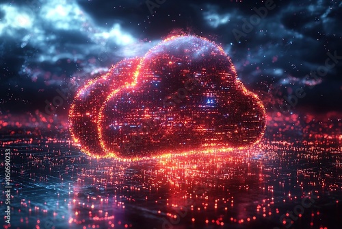 A modern cloud computing emblem designed with a vibrant particle ring circle, representing seamless data flow and cloud technology