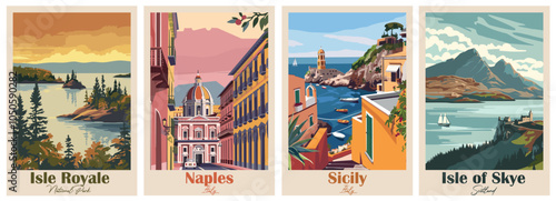 Set of Vintage Travel Posters, National Park Art Prints Nature Wall Art and Mountain Print Set Abstract Travel for Hikers Campers Living Room Decor. Vector illustration colorful