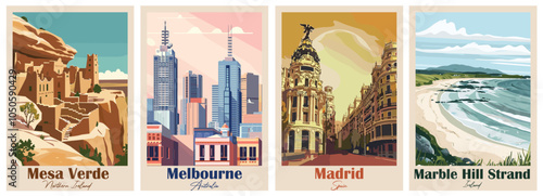Set of Vintage Travel Posters, National Park Art Prints Nature Wall Art and Mountain Print Set Abstract Travel for Hikers Campers Living Room Decor. Vector illustration colorful