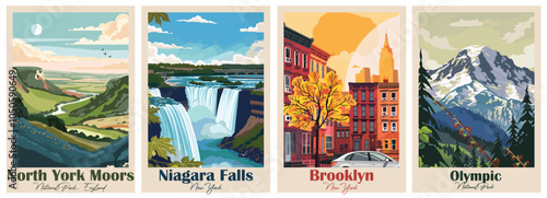Set of Vintage Travel Posters, National Park Art Prints Nature Wall Art and Mountain Print Set Abstract Travel for Hikers Campers Living Room Decor. Vector illustration colorful